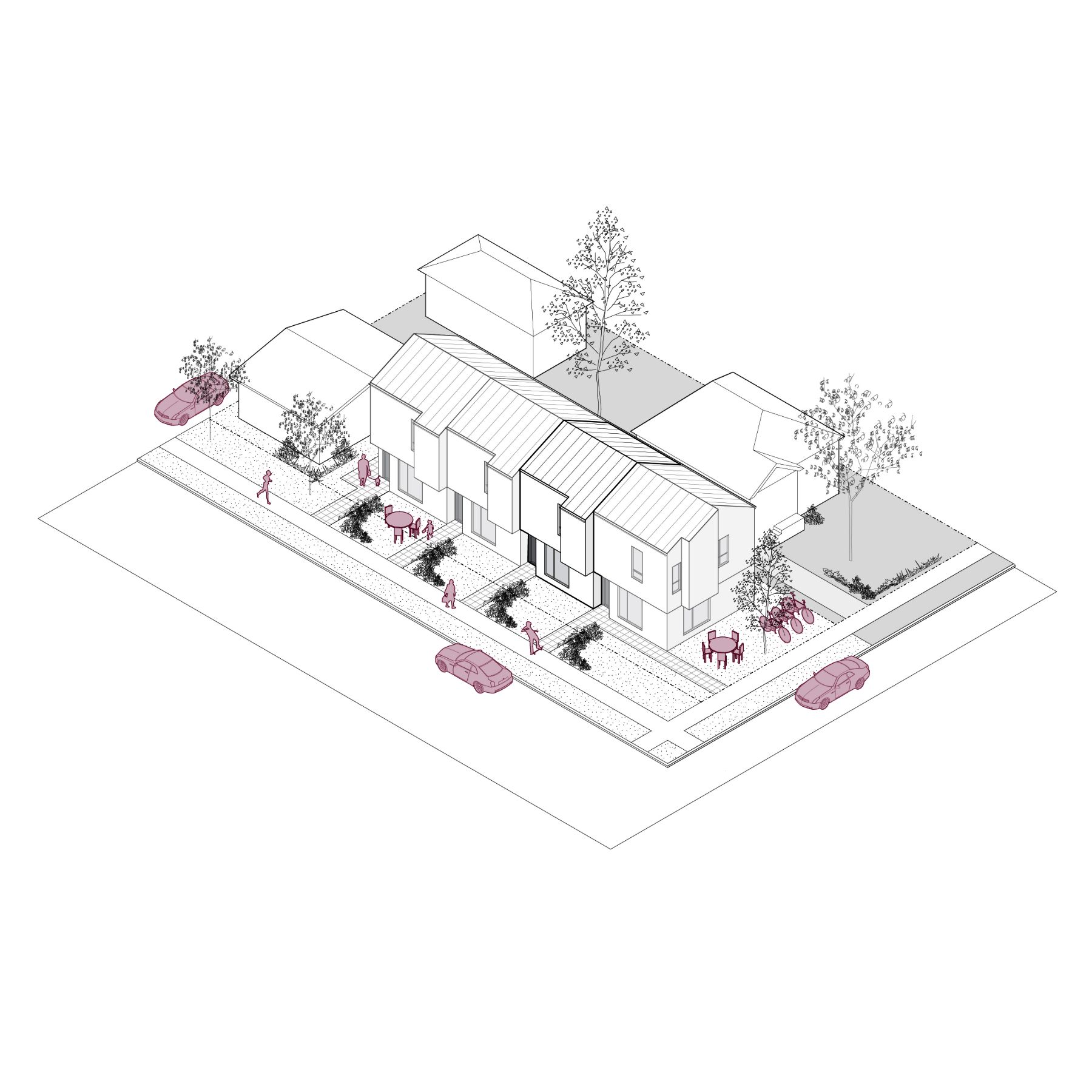 Rendu filaire 3D de la maison en rangée 01, d’une superficie de 358 pieds carrés. L’image montre l’immeuble étroit de deux étages dans un paysage urbain harmonieux avec des habitations semblables, des trottoirs et des espaces verts urbains.